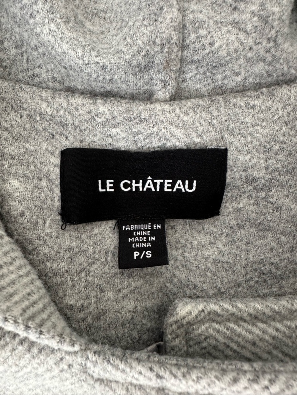 Le Chateau Grey Herringbone Asymmetrical Zip Hooded Jacket Long Chic Neutral Sm - Picture 14 of 14